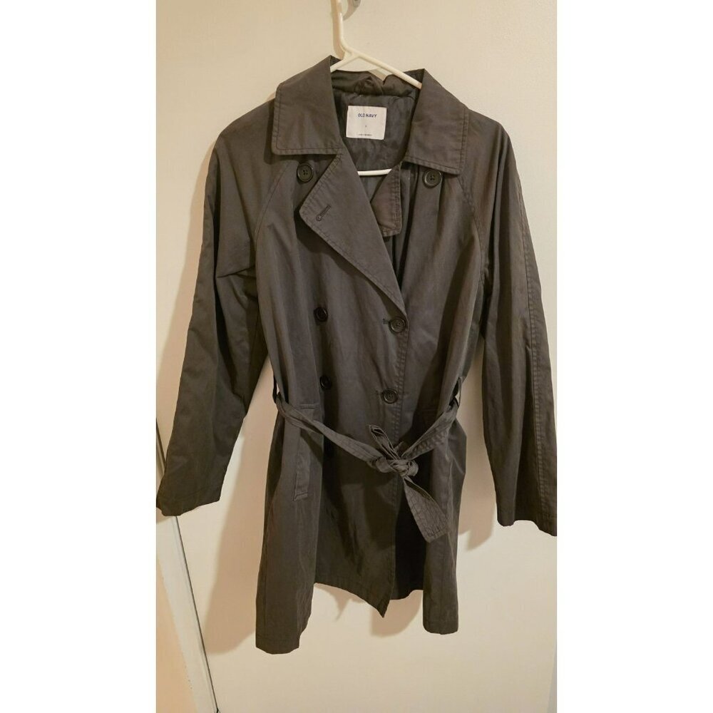 Old Navy Trench Coat Womens Small Double Breasted Belt Grey Mid Length Detective